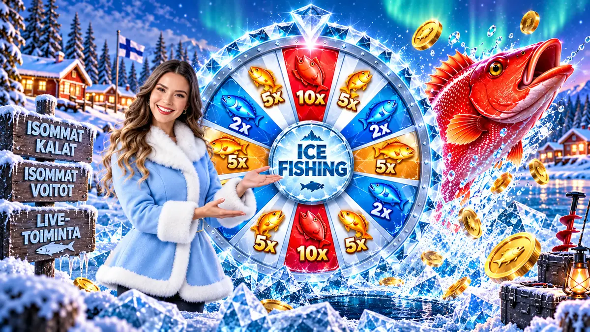 Ice Fishing live -juontaja pyörän vieressä, pyörässä 2x-, 5x- ja 10x-sektorit